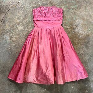 60s pink strapless satin beaded dress